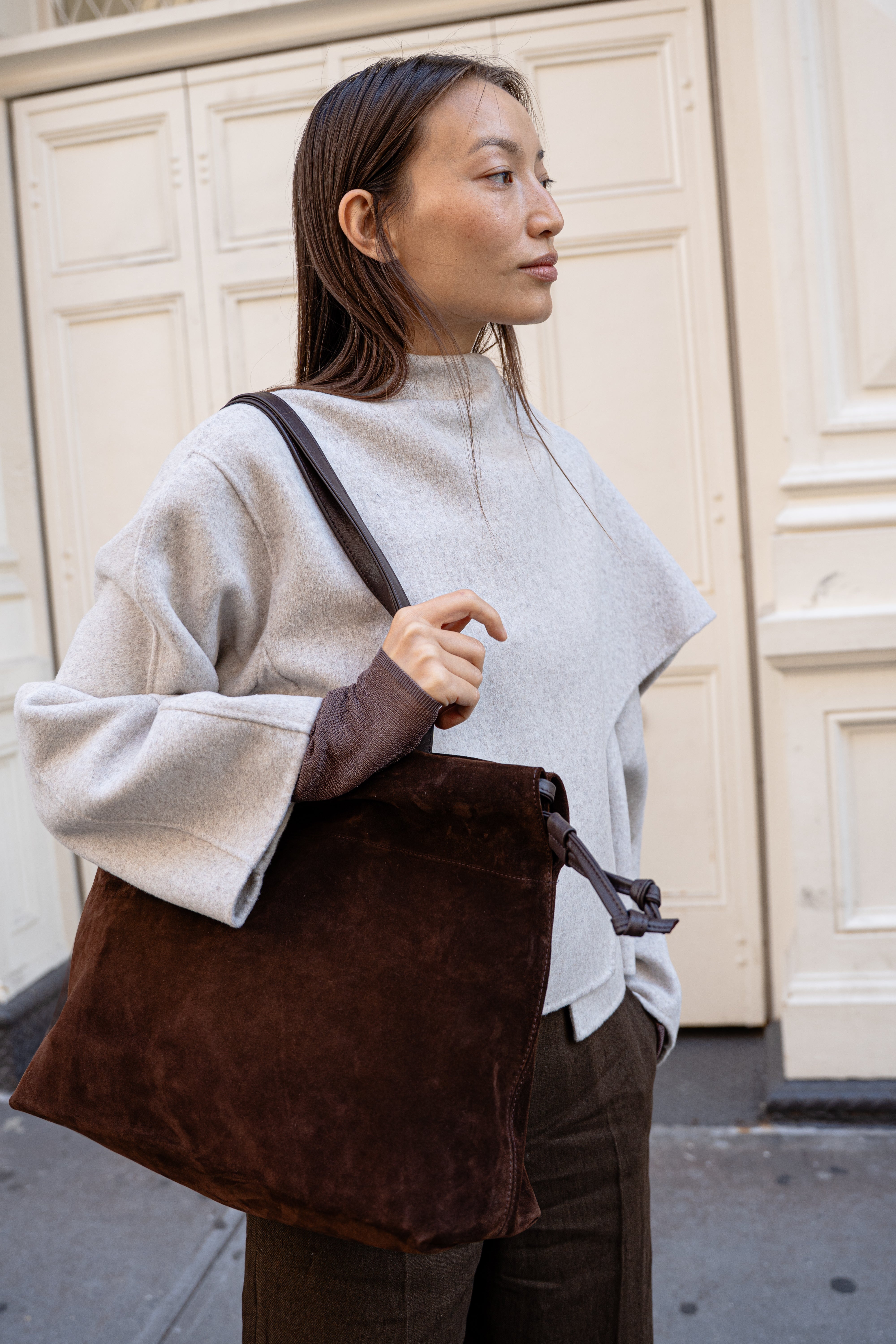 Mia Top Handle Handbag in Italian Chocolate Suede | LEMIZ